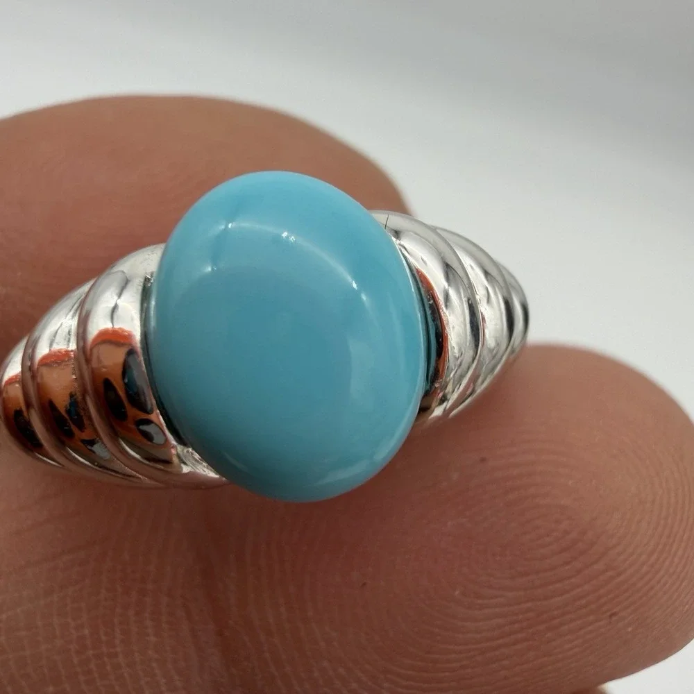 Vtg QVC Affinity Turquoise 925 EA Sterling Silver Ring Modernist Ribbed Sz7